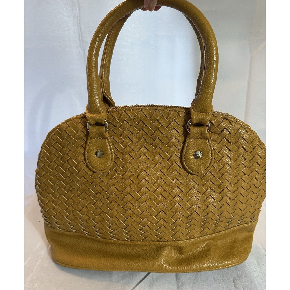 Marcus Neiman Woven Leather Satchel Tan Mustard Color Shoulder Handbag Purse